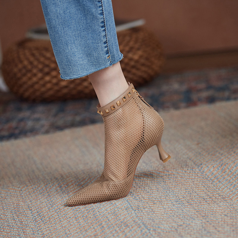 Boots children Summer thin section 2022 new rear pull chain Pointed Rivet Cool Boots Mesh Boots Female Summer Hollowed-out Spring Autumn Short Boots