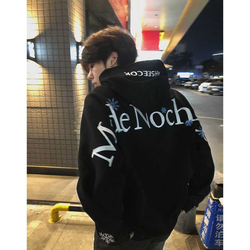 Pure Cotton Snowflake Letter Embroidered Hooded Sweatshirt for Men, Autumn and Winter American High Street Loose Trendy Brand Student Pullover Top Pure Cotton Snowflake Letter Embroidered Hooded Sweatshirt for Men, Autumn and Winter American High Street Loose Trendy Brand Student Pullover Top