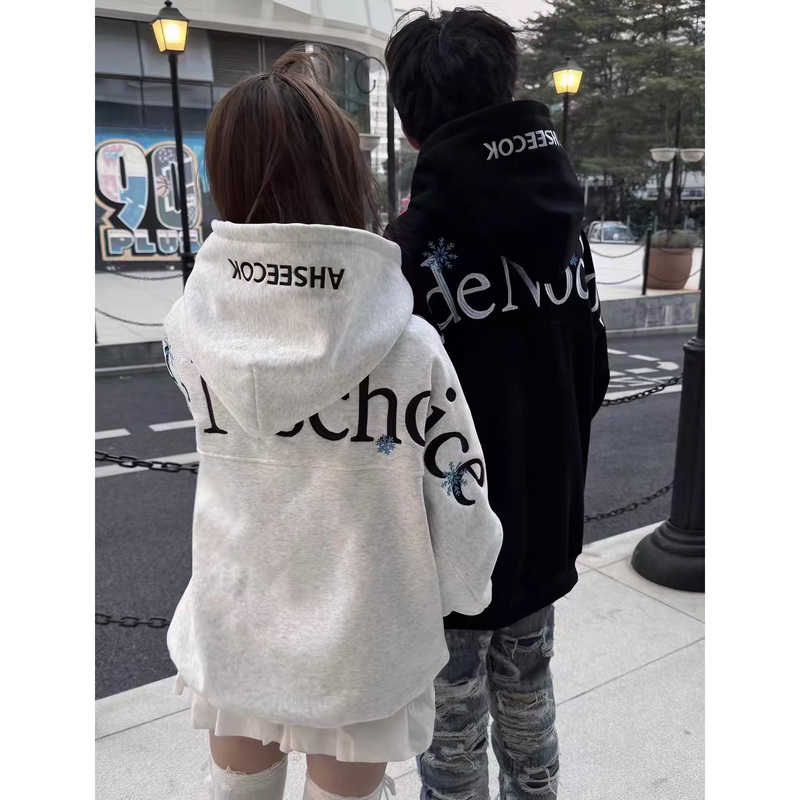 Pure Cotton Snowflake Letter Embroidered Hooded Sweatshirt for Men, Autumn and Winter American High Street Loose Trendy Brand Student Pullover Top