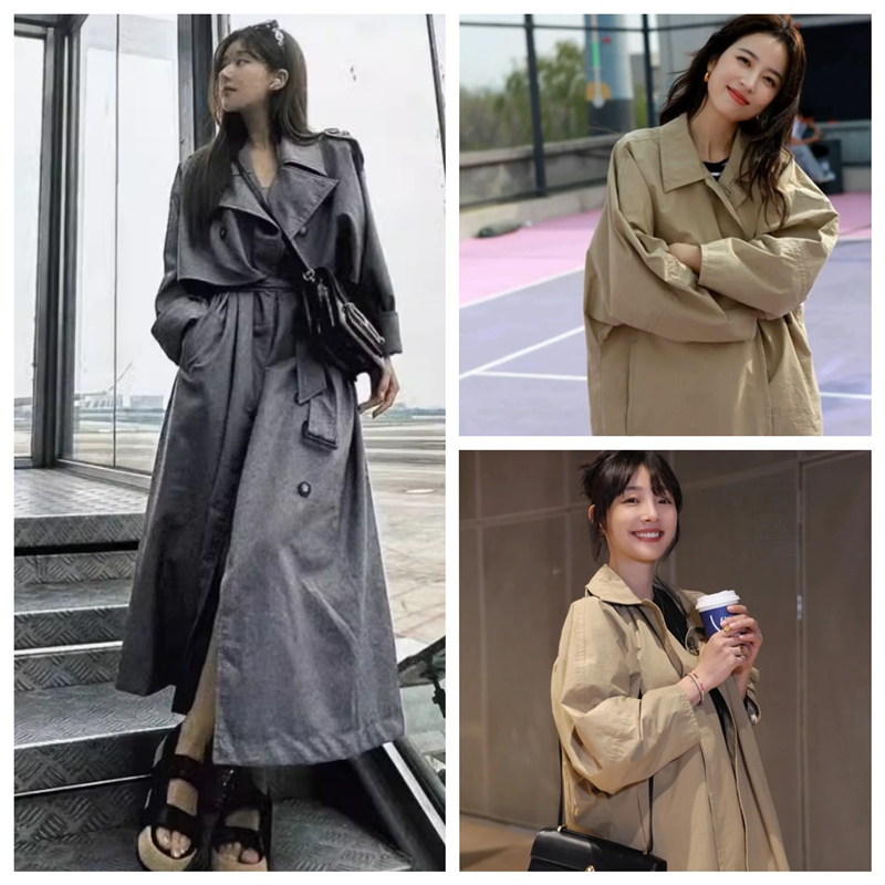 Zhao Lusi Celebrity-Inspired Tot British Style Large Lapel Silhouette Mid-Length Double-Breasted Waist-Cinching Elegant Trench Coat for Women
