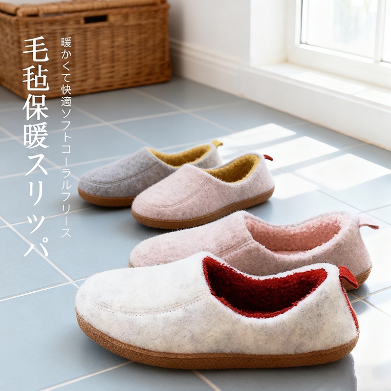 Japanese-Style Felt Warm Slippers with Cotton Lining for Women, Indoor Home Non-Slip Rubber Sole Silent Wooden Floor Slippers for Men