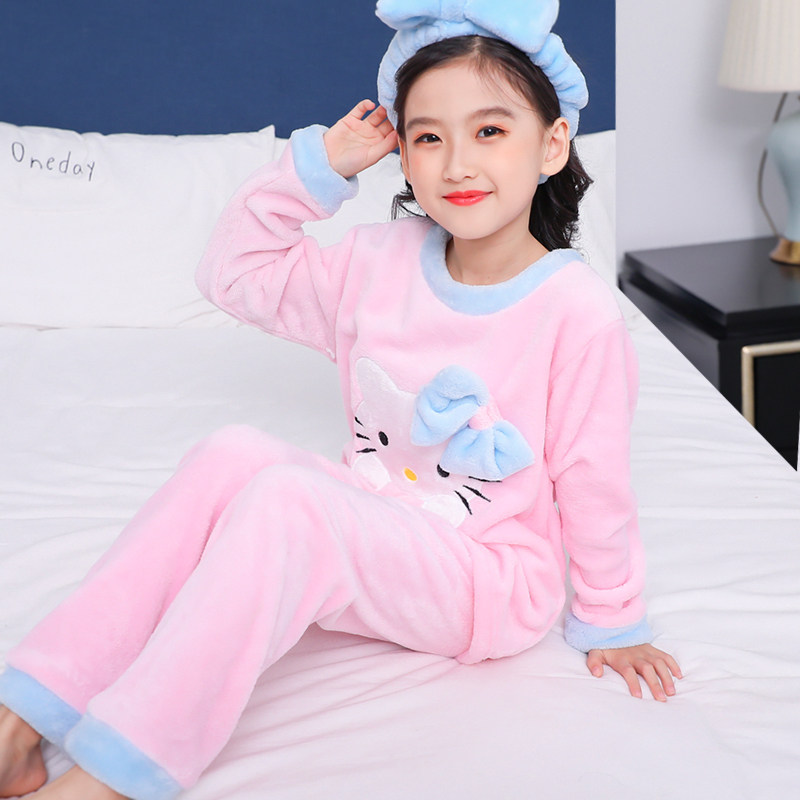 Children's pajamas Girls autumn and winter flannel baby Coral velvet princess thickened suit Big virgin girl home clothes