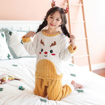 Childrens coral velvet pajamas autumn and winter girls flannel little girl middle-aged childrens home clothing suit padded velvet