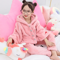 Childrens pajamas female flannel girls autumn and winter thick warm home clothing middle-aged baby coral velvet suit