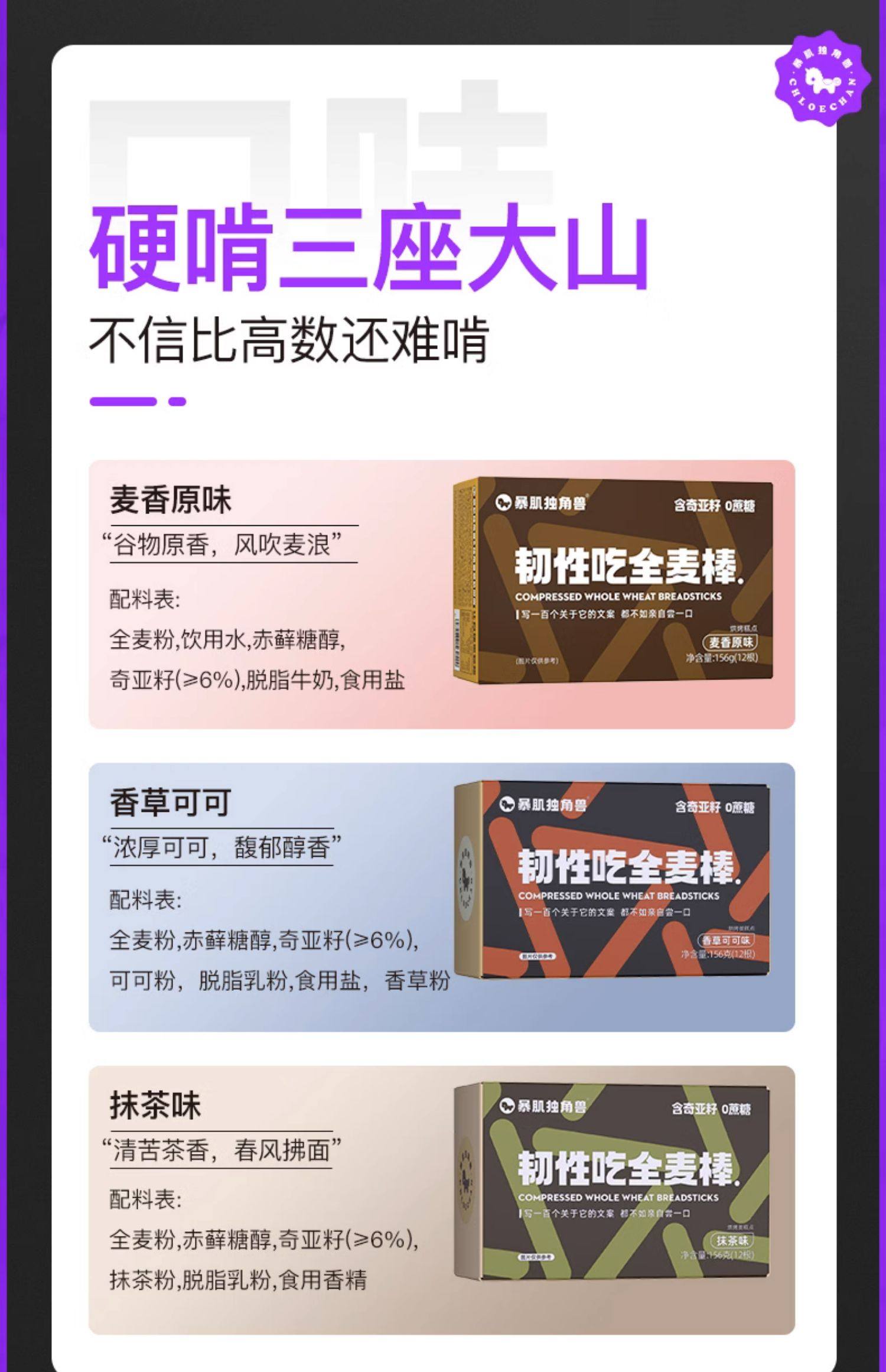 暴肌独角兽 韧性吃全麦棒  饼干 无糖  含奇亚籽  麦香原味  156g/盒