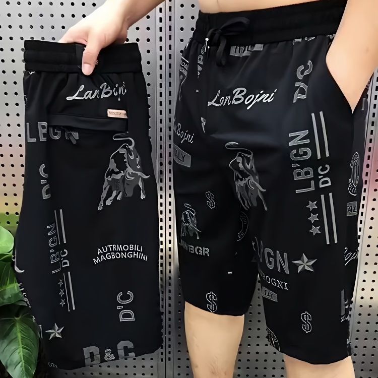 2025 Summer Thin Letter Print Cropped Shorts for Men Trendy Versatile Printed Sports Casual Pants Loose Beach Shorts
