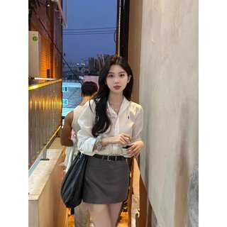 韩系穿搭白色衬衫女长袖春秋季小个子内搭上衣盐系轻熟高级感衬衣