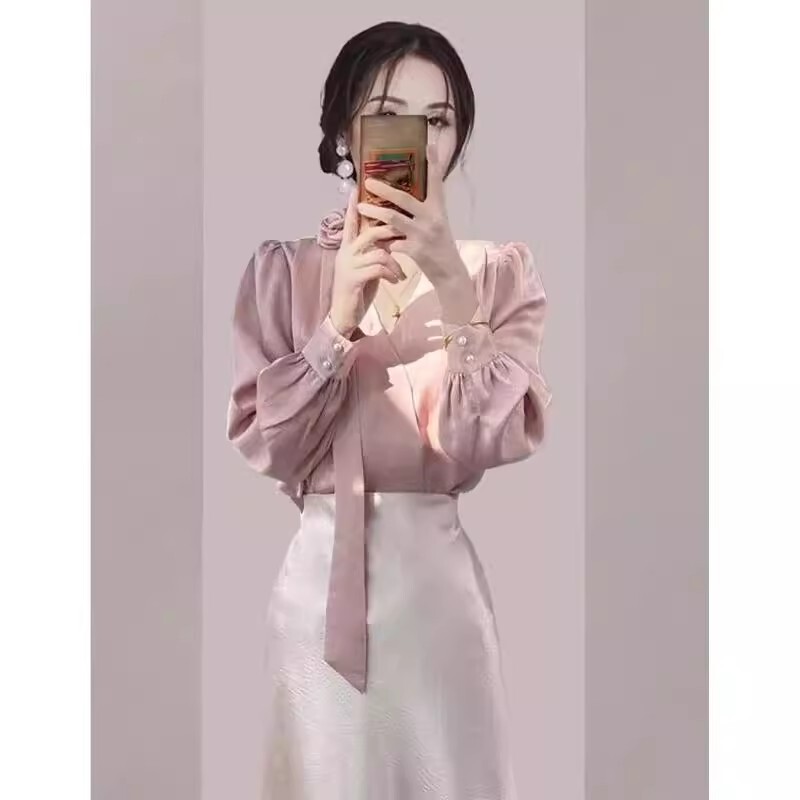 Pink Satin Shirt for Women, Long-Sleeved, Spring and Autumn Women's Clothing, Small Chanel-Style V-Neck Top, Rose Corsage Ribbon, Ol Shirt