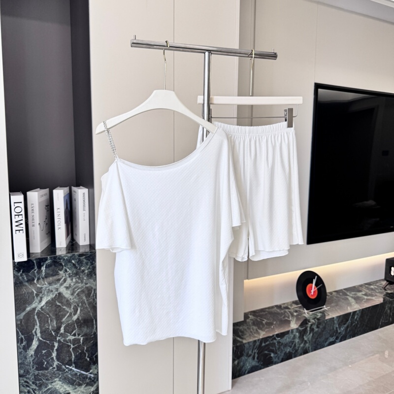 Pure Cotton Pajamas for Women, Summer Thin Short-Sleeved Korean Style Off-The-Shoulder Pure Desire Style Slimming Home Wear Set That Can Be Worn Outside