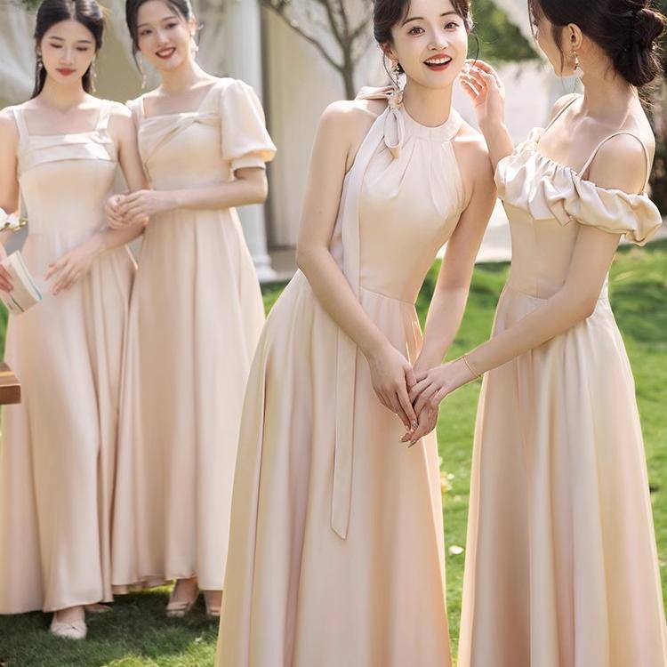 Champagne-Colored Bridesmaid Dress for Plus-Size Women, 2026 New Spring/Summer Satin Niche Sister Group Performance Dress, Evening Gown, Plus Size