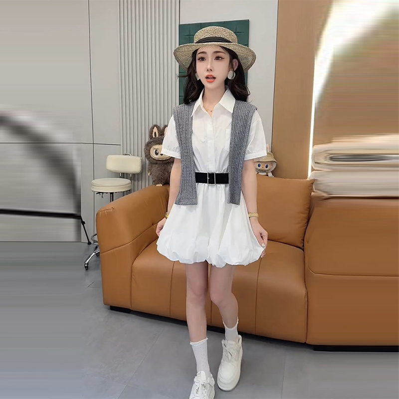 Korean-Style College-Style Short-Sleeved Shirt Dress for Women, Summer 2026 New Style, Elegant, Age-Reducing, Waist-Slimming, Slimming, Puffy Skirt
