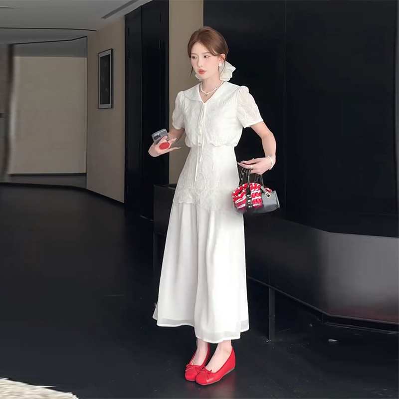College Style Navy Collar White Dress for Women 2026 Summer New Korean Style Waist-Cinching Slimming A-Line Long Dress