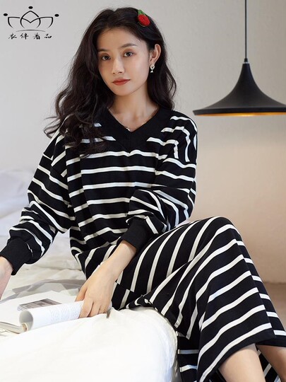 Victoria Nightgown for Women with Breast Pads, Pure Cotton, Long Striped Long-Sleeved Plus-Size Pajamas, Korean Style Casual Loungewear