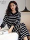 Victoria Nightgown for Women with Breast Pads, Pure Cotton, Long Striped Long-Sleeved Plus-Size Pajamas, Korean Style Casual Loungewear