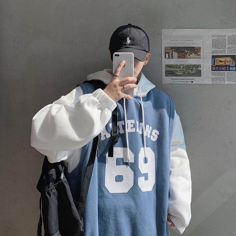 Basketball suit ins wind fake two pieces plus fleece sweatshirt autumn hooded Korean version loose trend student autumn coat male