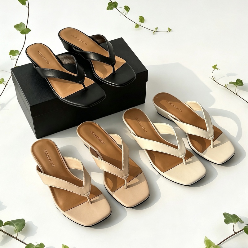 5cm Wedge Heel Sheepskin Flip-Flops for Women, Imported Microfiber Square-Toe Sandals