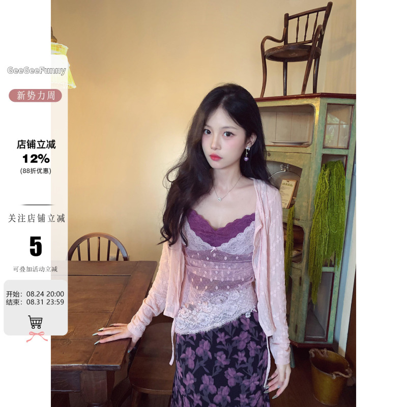 Geegeefunny Purple Lace Knit Top for Women, Long-Sleeve, Thin, Slim-Fit, Short Chiffon Long-Sleeve Top Geegeefunny Purple Lace Knit Top for Women, Long-Sleeve, Thin, Slim-Fit, Short Chiffon Long-Sleeve Top