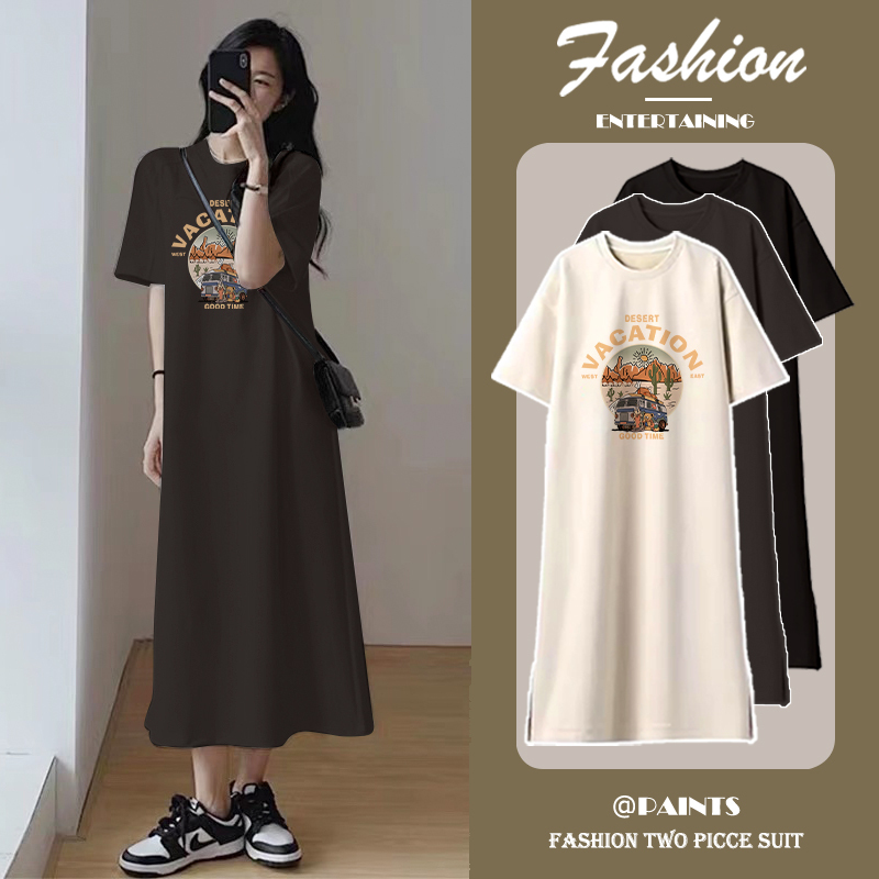 Fashionable T-Shirt Dress Women's Clothing 2026 New Long Dress Summer Loose Large Size Long Dress Casual Lazy Style