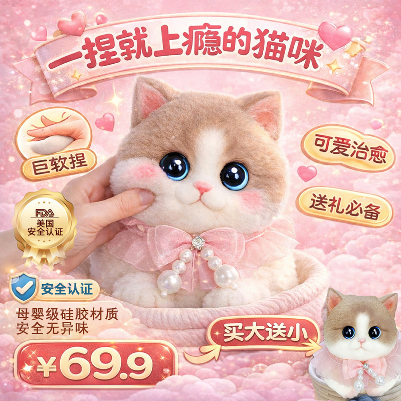 [in Stock] Children's Day Gift Cat Squishy Toy Birthday Gift for Girls High-End Stress Relief Healing Toy