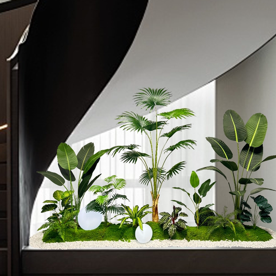 Indoor Artificial Plant Landscaping Combination, Areca Palm, Traveler's Banana, Fake Green Plants, Window Display, Company Restaurant Decoration Ornaments