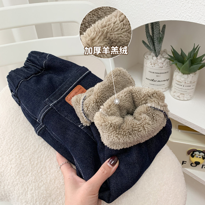 Boy thickened lamb suede jeans winter children warm and integrated suede pants foreign air soft and elastic long pants tide-Taobao