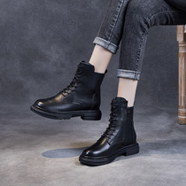 Genuine leather thick bottom short barrel Martin boots woman 2022 fall new Inn Wind 100 hitch locomotive boots flat bottom low heel short boot