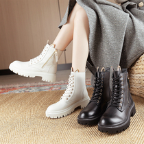 Genuine Leather Martin boots woman Single boot Fall new head layer Bull Leather Coarse Heel Short Boots Handsome Gas Locomotive Boots Winter Cotton Boots