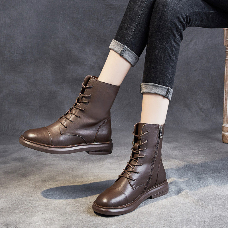 Genuine leather Martin boots woman 2022 autumn winter new soft underhead layer soft cow leather shoes lacing casual high cylinder short boot tide