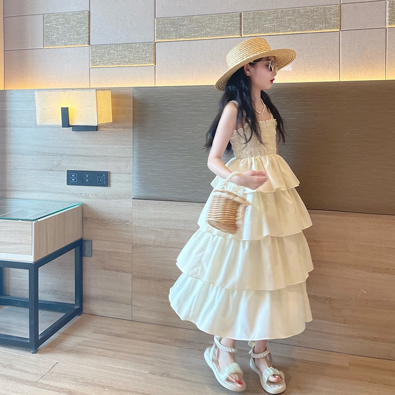 Girls' Dress Summer 2026 New Style Big Girl Summer Princess Dress Children's Stylish Vacation Style White Suspender Dress