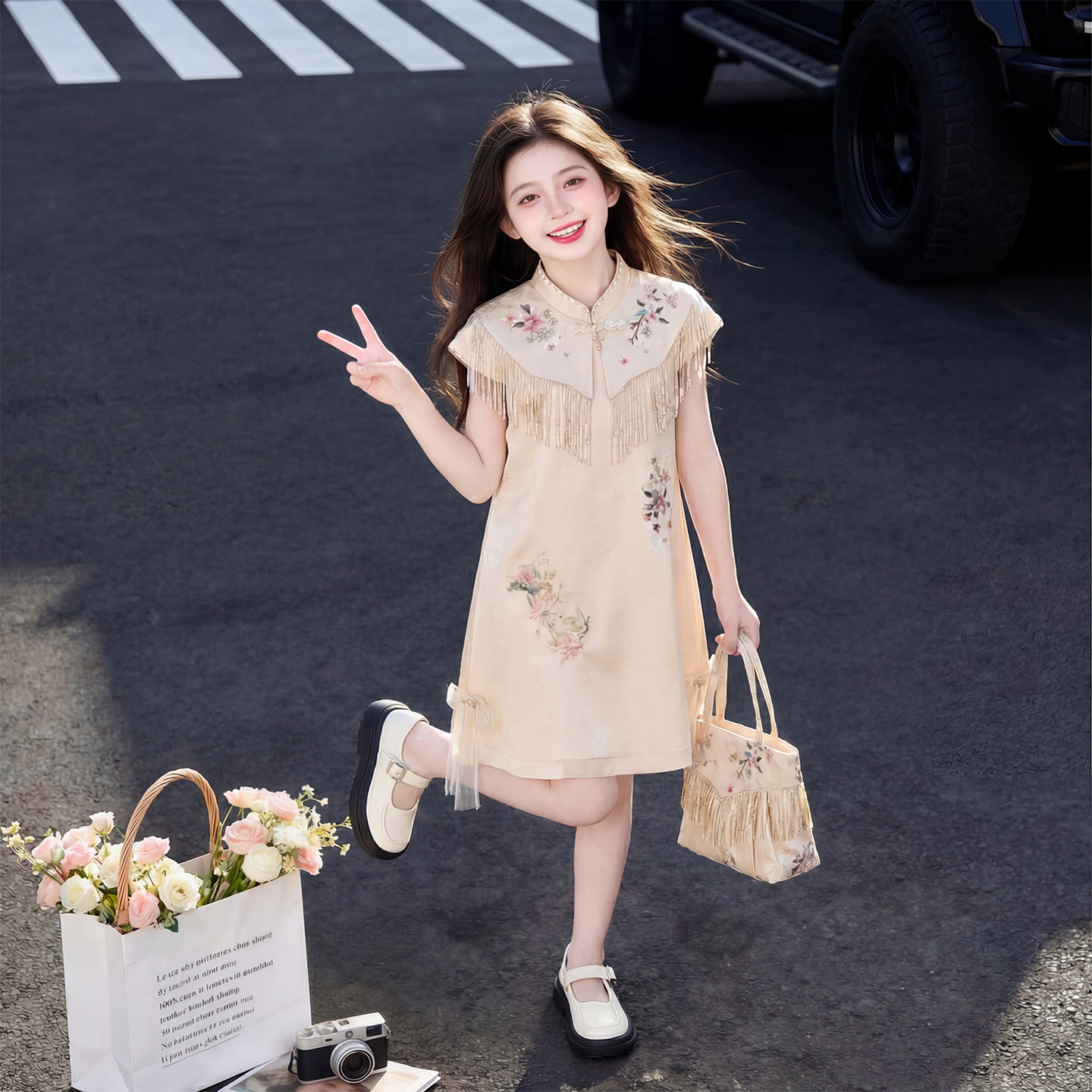 Детская юбка rich daughter golden sense, летняя новинка 2026 года, женская новая китайская юбка-ципао для больших детей, летнее платье для девочек