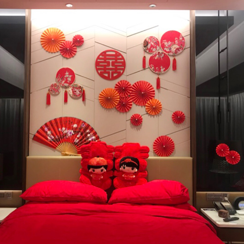 Creative New Chinese Wedding House Background Wall Arrangement Happy Character Headboard Suit Simple Atmosphere China Wind Wedding House Arrangement