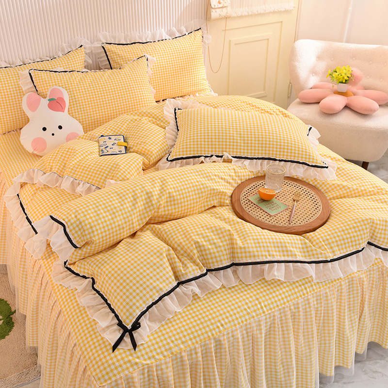 Little Red Riding Book recommends bed skirt four-piece set with double lace non-slip cotton cotton princess wind naked sleeping girl plaid