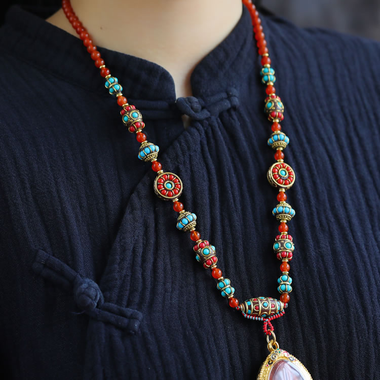 Amulet hanging chain Onyx sweater chain Thailand Amulet chain Blue turquoise necklace Nepalese copper bead chain