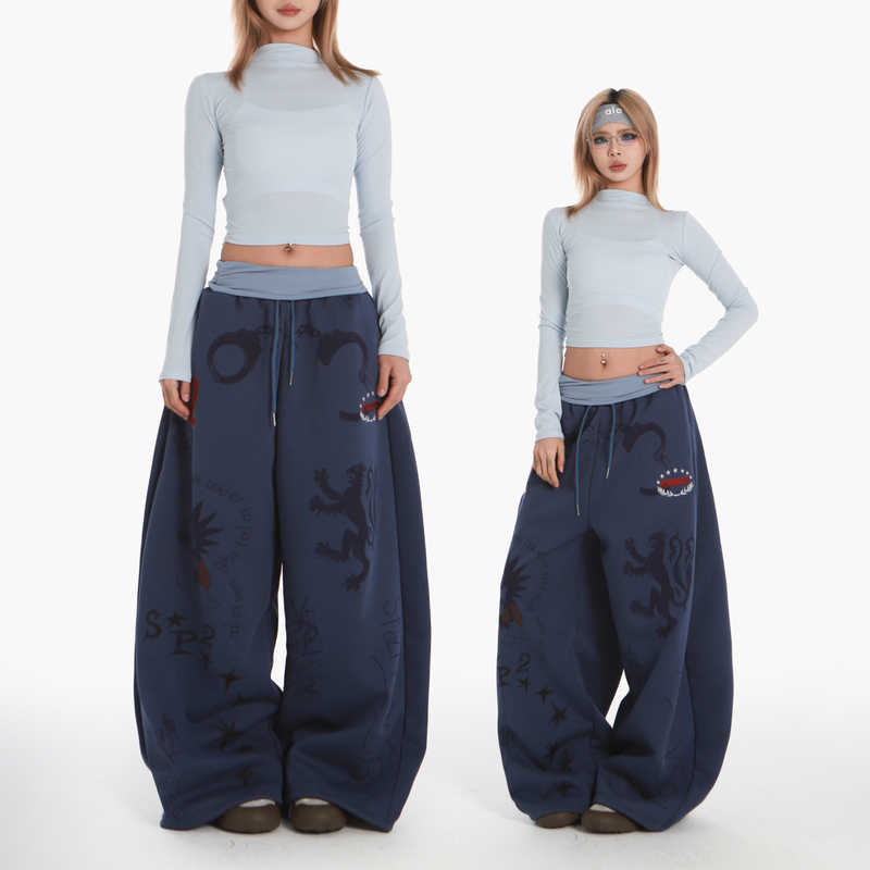 Pookie American Retro Graffiti Print Wide-Leg Pants for Women with Drawstring Elastic Waist, Loose and Drapey Casual Long Pants