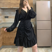 Julu Studio slightly fat custom new pleated irregular dress to cover belly and look thin V-neck long-sleeved mid-skirt