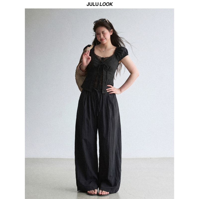 Julu Studio's "Honeydew Black Pine" Plus-Size Two-Piece Lace Trim Shirt/Pants Set for Slightly Chubby Women