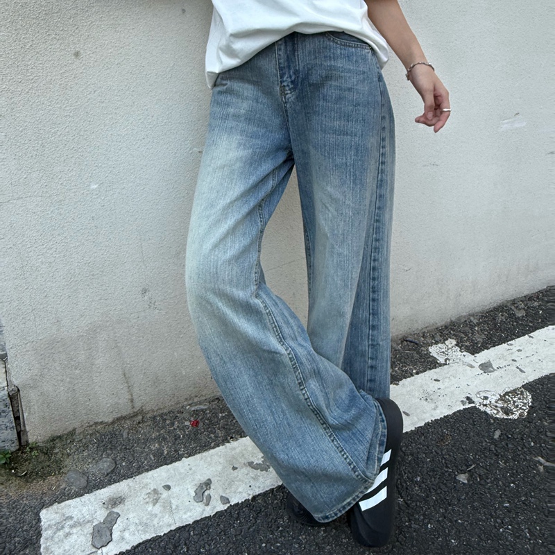 4Pf Trendy Elements American Retro Washed Jeans High-Waisted Wide-Leg Plus Size