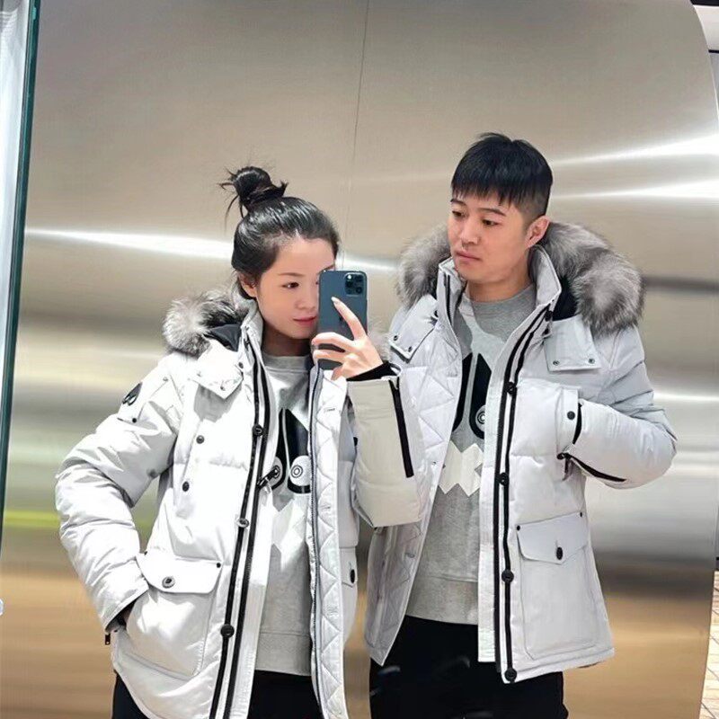 Winter Canadian Shearling down Jacket for Women, Short Style Quebec Classic Silver Fox Fur Outdoor Couple's Coat for Men