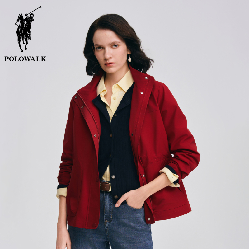 Polowalk Embroidered Hooded Jacket for Women 2026 Spring Style Zodiac Year Deep Red Outdoor Casual Zipper Jacket Trendy