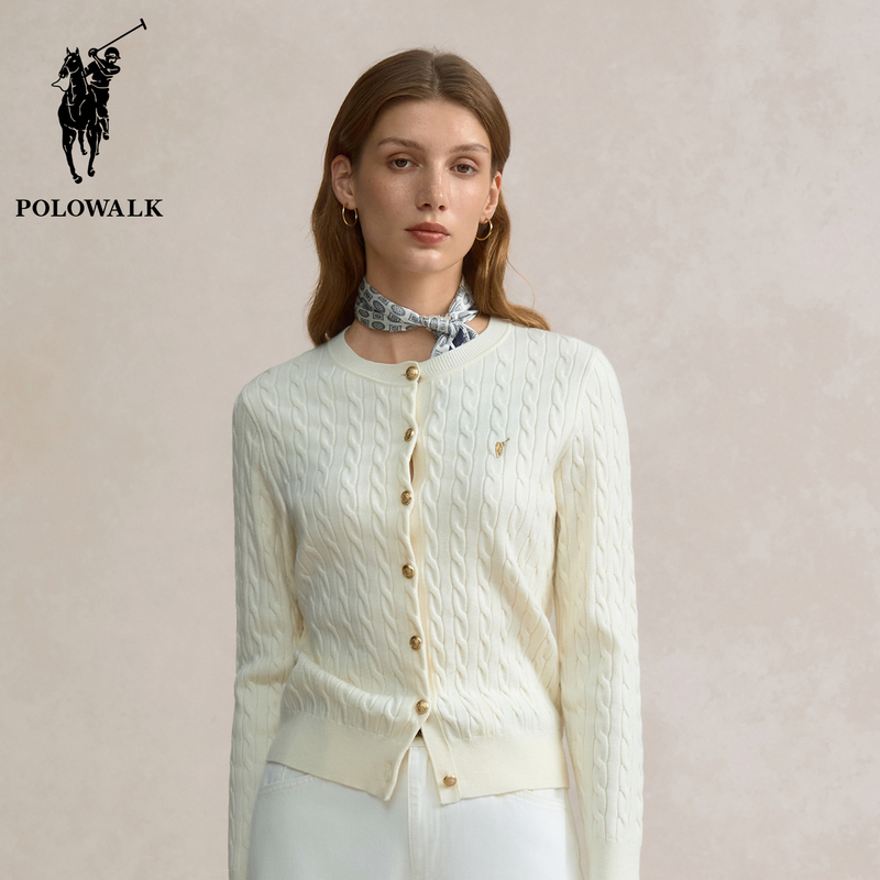 Polowalk Cable Knit Crew Neck Small Logo Cardigan for Women, Paul Spring and Autumn New Style, Old Money Style Solid Color Cable Knit Sweater