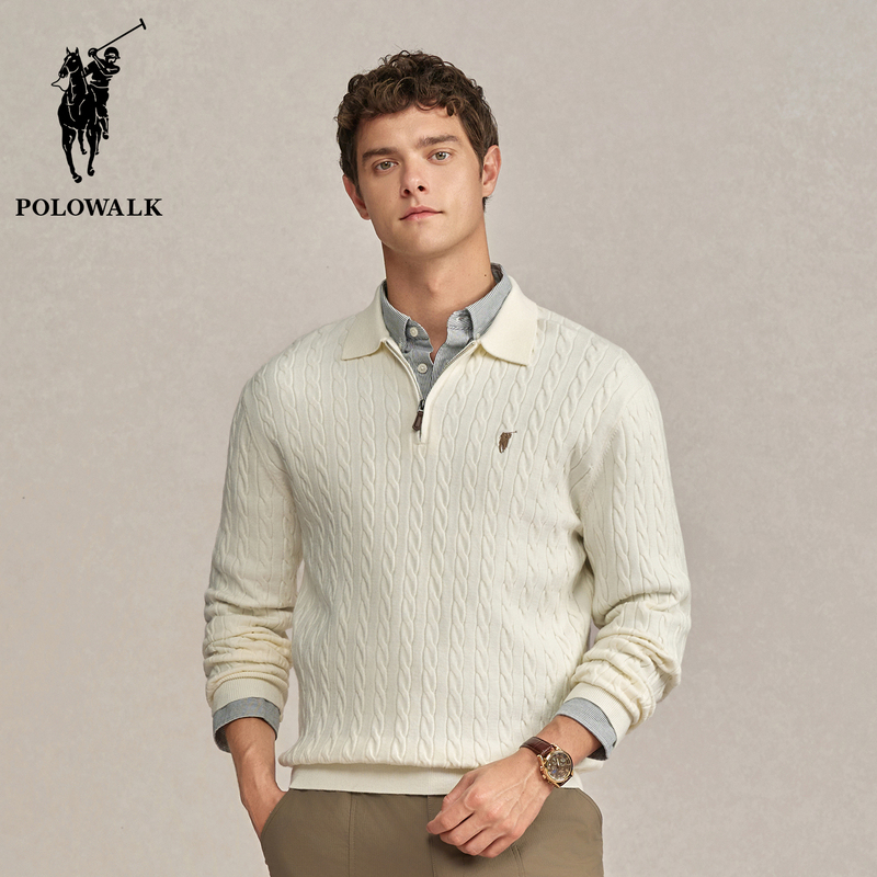 Polowalk Lapel Button-Up Knit Sweater for Men, New Autumn and Winter Style, Paul Top with Embroidery, Solid Color Polo Collar Sweater, Trendy