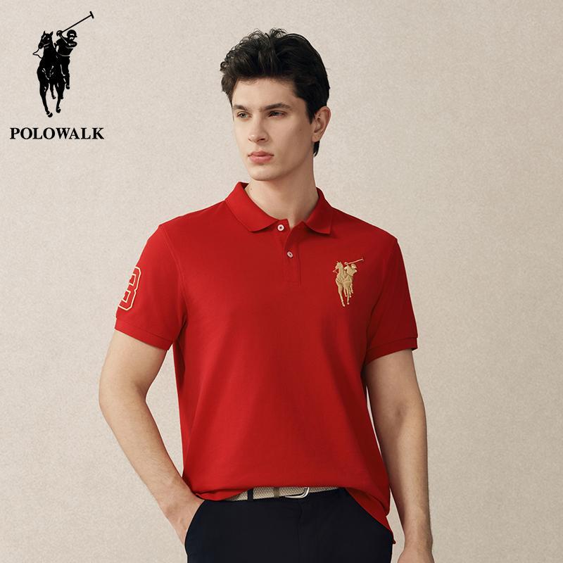 Polowalk Red Short-Sleeved T-Shirt for Men in the Year of the Zodiac 2025 Summer New Casual Large Logo Embroidered Lapel Polo Shirt