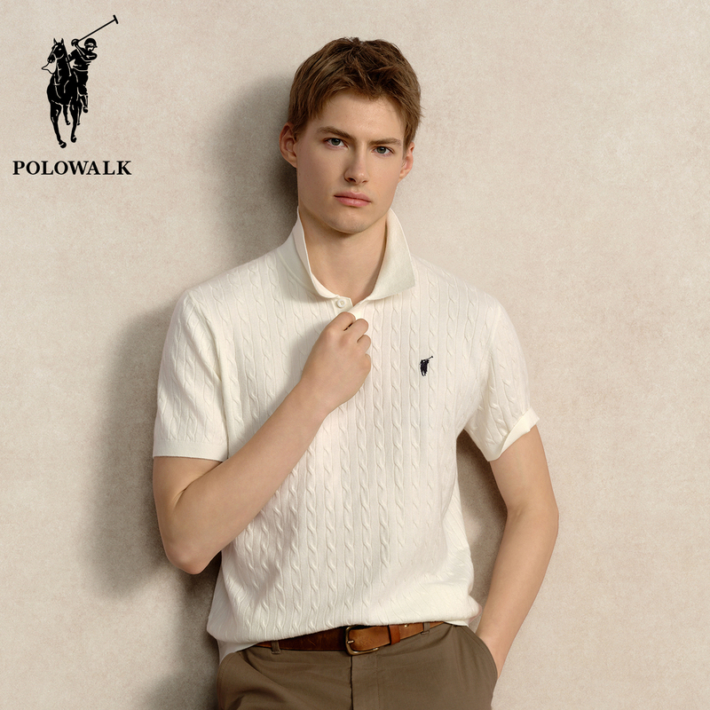 Polowalk Solid Color Cable Knit Lapel Short-Sleeve Men's Summer New Vintage Style Commuter Half-Sleeve Polo Shirt Trendy