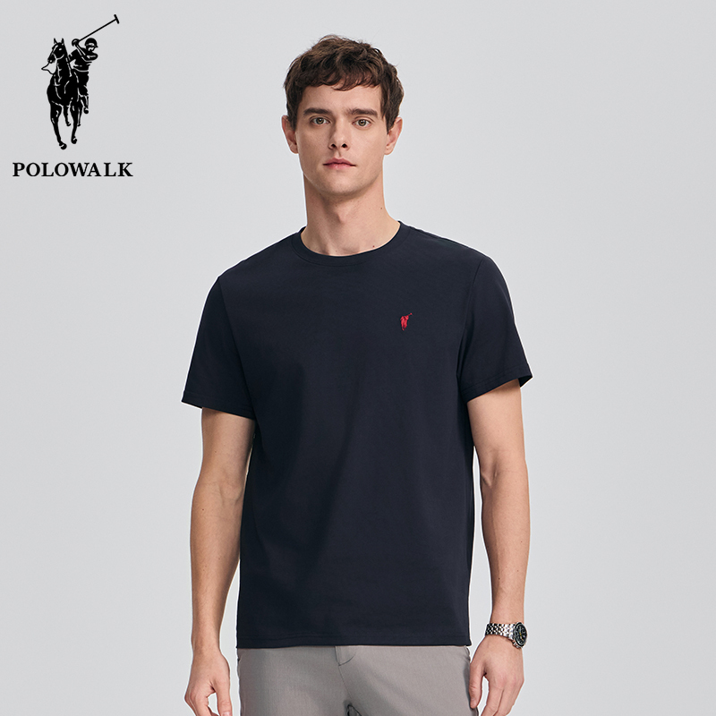 Polowalk Summer Solid Color Round Neck Short-Sleeved T-Shirt for Men New Embroidered Small Logo Casual Half-Sleeve Sports Base Shirt