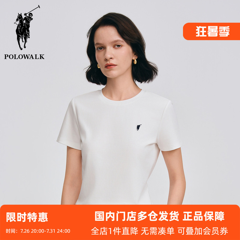 Polowalk Small Logo Embroidered Solid Color Round Neck Short-Sleeve T-Shirt for Women, Paul Summer Classic Casual Regular Shoulder Top Polowalk Small Logo Embroidered Solid Color Round Neck Short-Sleeve T-Shirt for Women, Paul Summer Classic Casual Regular Shoulder Top