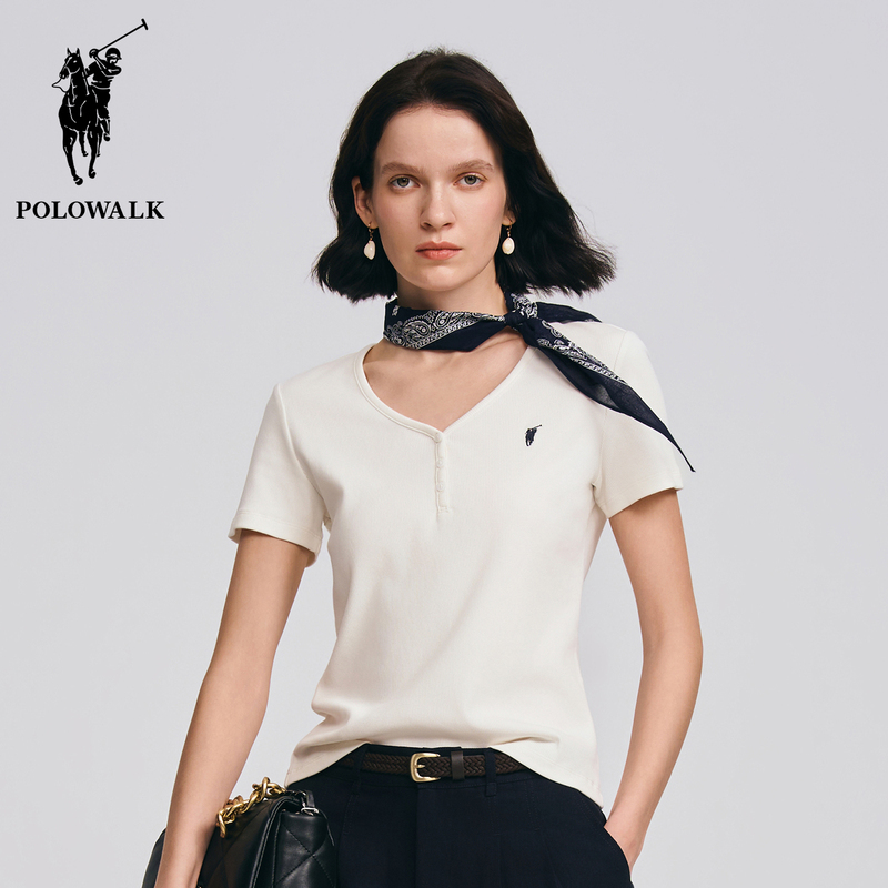 Polowalk Stylish V-Neck Slim-Fit Short-Sleeve T-Shirt for Women, Paul Summer Cotton Embroidered Half-Sleeve Top, Trendy Polowalk Stylish V-Neck Slim-Fit Short-Sleeve T-Shirt for Women, Paul Summer Cotton Embroidered Half-Sleeve Top, Trendy