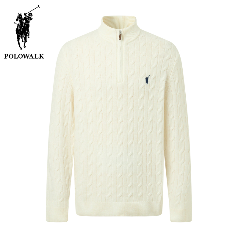 Polowalk Half-Zip Cable Knit Stand Collar Wool Sweater for Men, Spring and Autumn, 100% Wool, Solid Color, Casual, Warm Knitwear