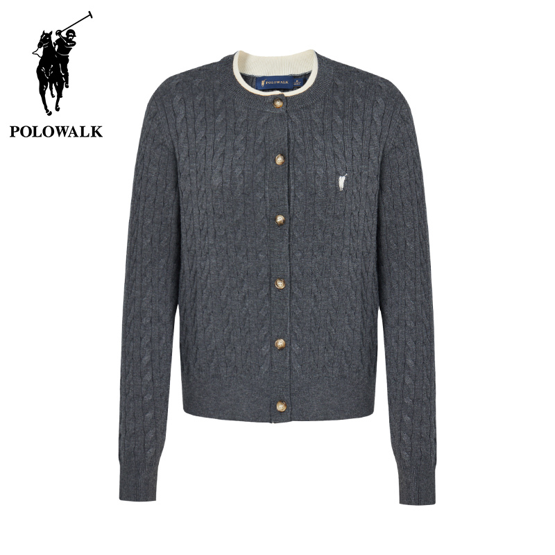 Polowalk Round-Neck Cable-Knit Cardigan for Women, Same Style as in Shopping Malls, Autumn and Winter Casual Old Money Style Twist Knit Sweater