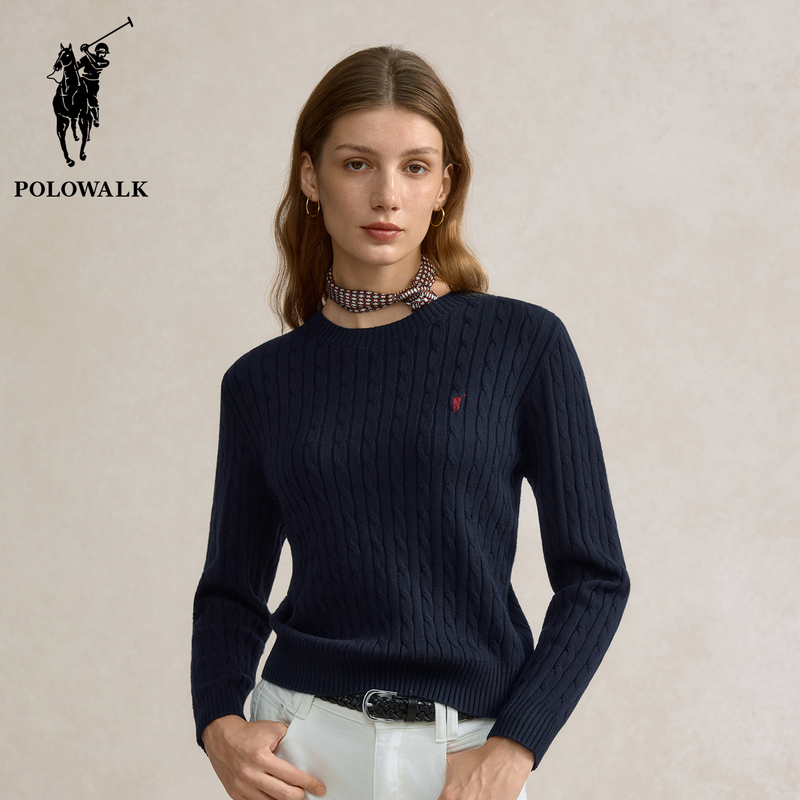 Polowalk Women's Round Neck Buttoned Knit Sweater 2025 Autumn Old Money Style Small Logo Embroidery Solid Color Cable Knit Sweater