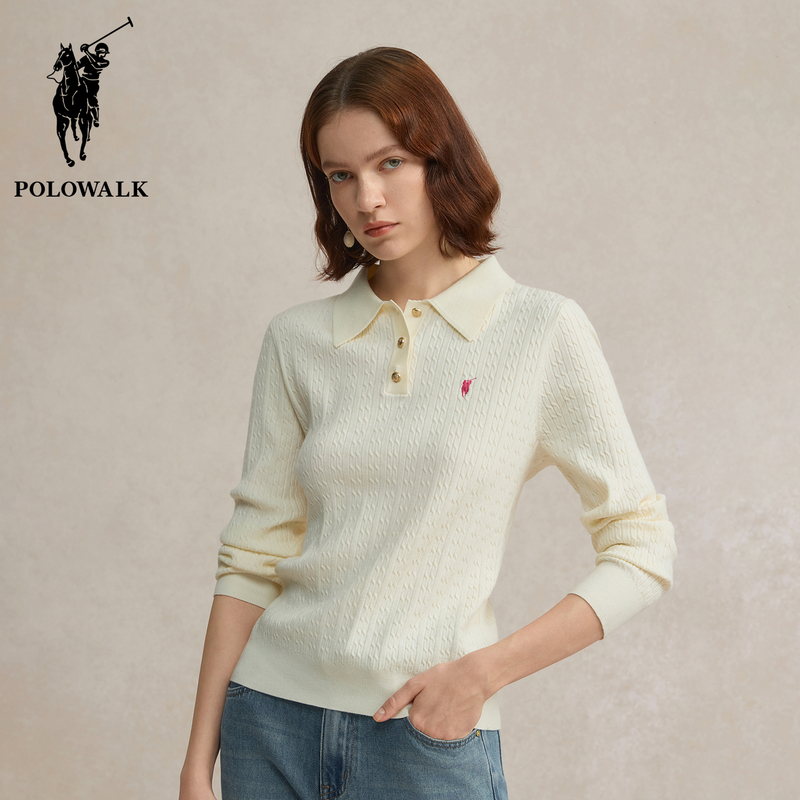 Polowalk Old Money Style Solid Color Cable Knit Lapel Polo Shirt for Women, Autumn and Winter Korean Style Age-Reducing Knitted Base Shirt Polowalk Old Money Style Solid Color Cable Knit Lapel Polo Shirt for Women, Autumn and Winter Korean Style Age-Reducing Knitted Base Shirt